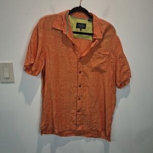 Nat Nast Mens Size M 100% Linen Bright Orange Short Sleeve Shirt